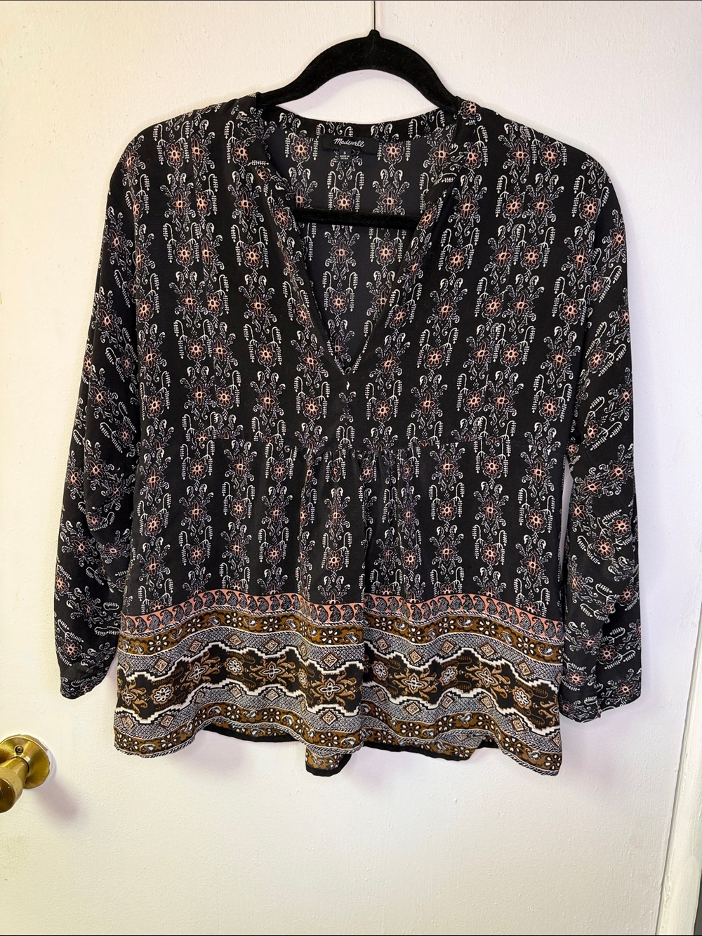 100% Silk Madewell Black Boho V-Neck Peasant Blouse with Pink and Gold Accents